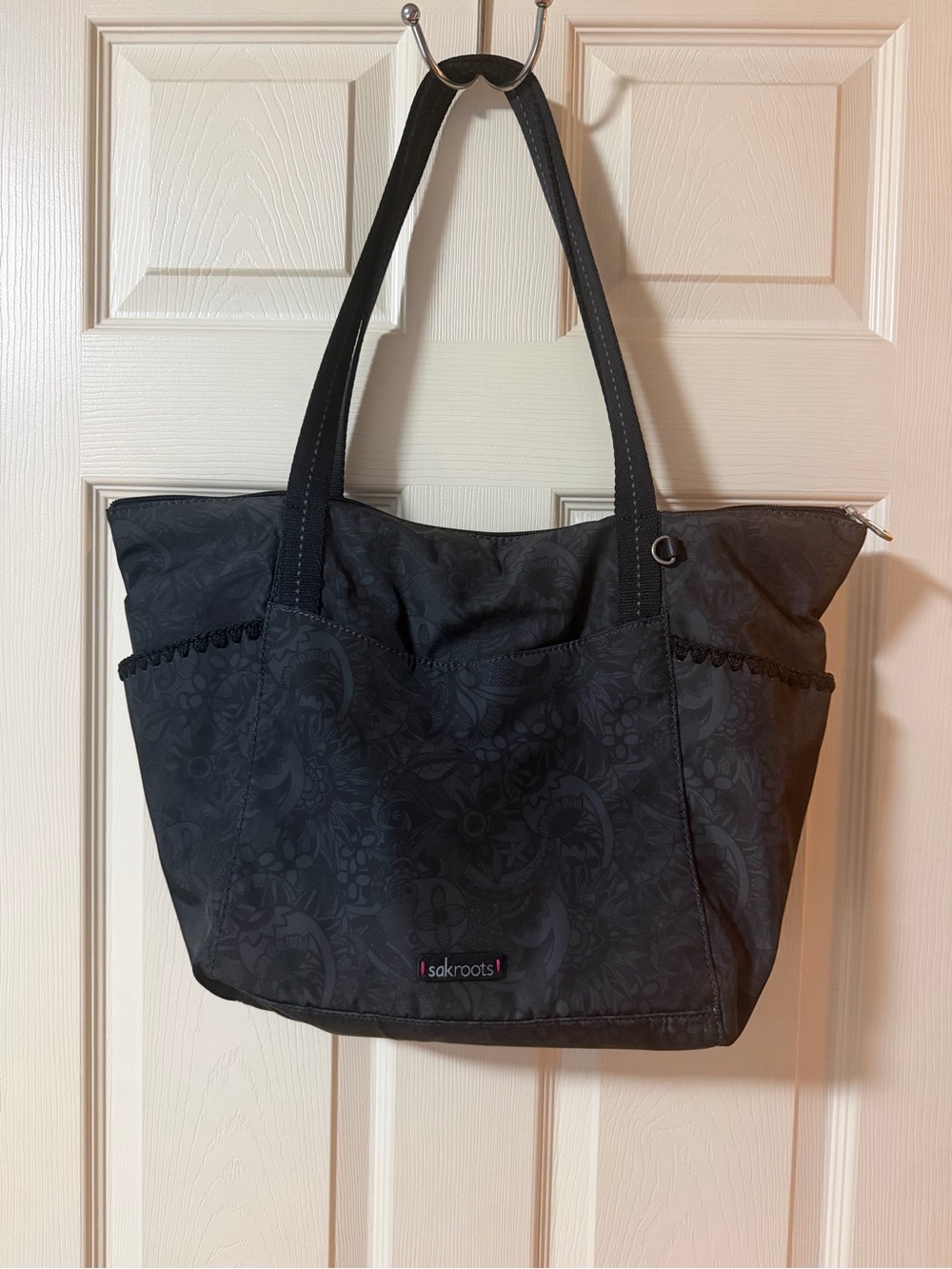 Sakroots Tacoma Tote in the "Black Spirit Desert" print.